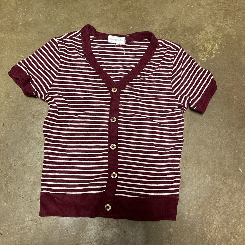 Heart Hips Burgundy and White Striped Cardigan Sweater